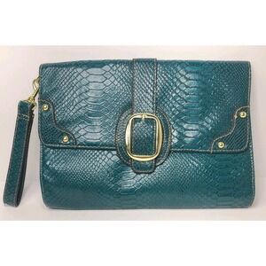 Teal Faux Python Embossed Clutch Wristlet Purse Gold Buckle Envelope Bag 11x8